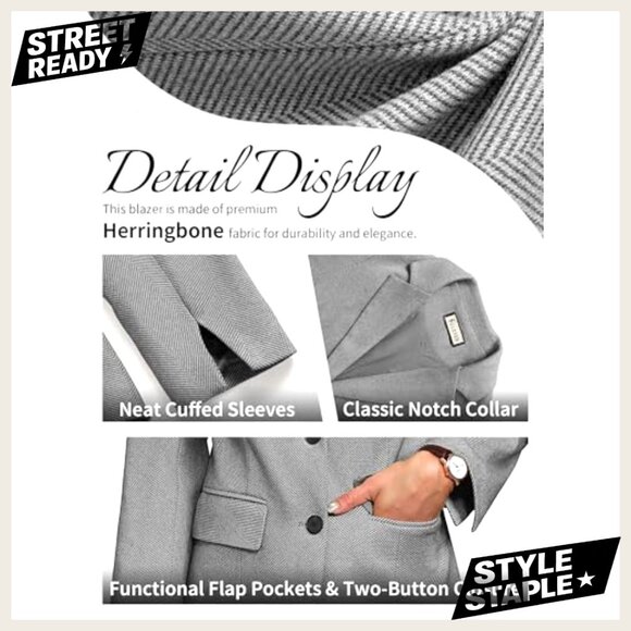 Slim Fit Herringbone Tweed Blazer with Flap Pockets for Business Casual - Picture 6 of 7